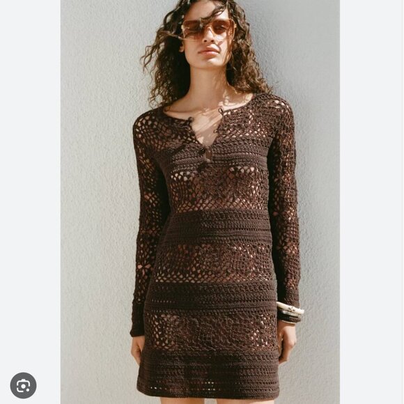 Zara Crochet Knit Long Sleeve Mini Dress NWT Brown Size Small - Picture 4 of 12